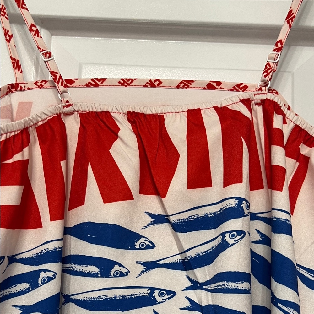 White Mini Dress with Blue Sardine Print and Red Accents - Picture 4 of 6